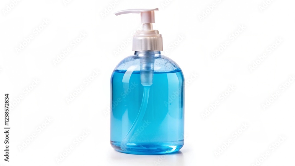 Clear pump bottle with blue liquid. This practical and versatile container is perfect for dispensing soap or sanitizer, isolated on white background Clear pump bottle with blue liquid. This practical and versatile container is perfect for dispensing soap or sanitizer, isolated on white background