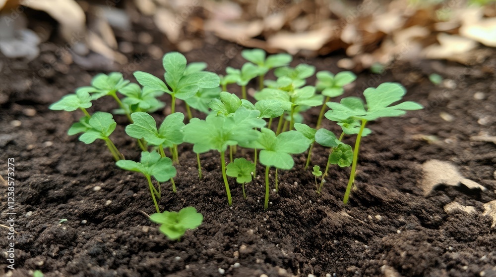 Emerging seedlings burst forth from the dark earth in early spring hope Emerging seedlings burst forth from the dark earth in early spring hope