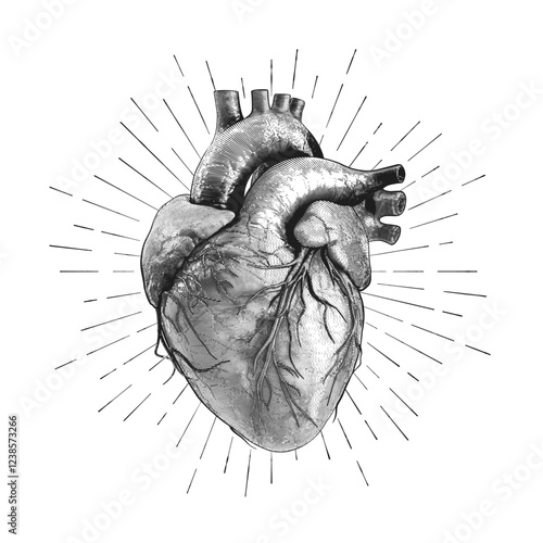 Illustration of the Human Heart in engraving technique with star rays. including labels for all the main structures. Hand drawn line art for tattoo, tee shirt and print design. Vector Illustration.
