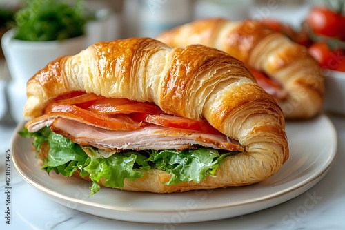 Soft butter croissant sandwich filled with smoked turkey, lettuce, and tomatoes, clean minimalist setup