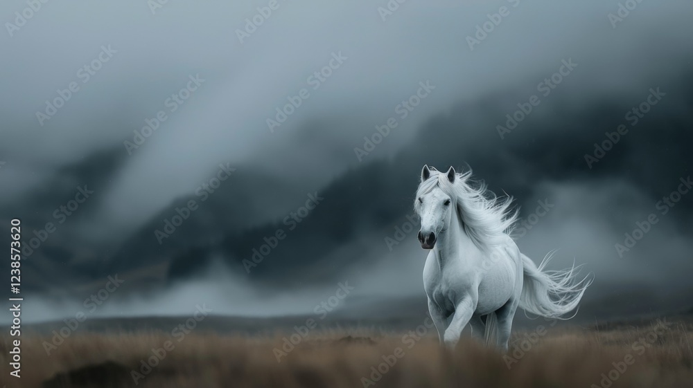 Obraz premium Icelandic White Horse: A majestic Icelandic horse, with its long mane flowing. The background features rugged volcanic terrain with moss-covered rocks and a dramatic cloudy sky.