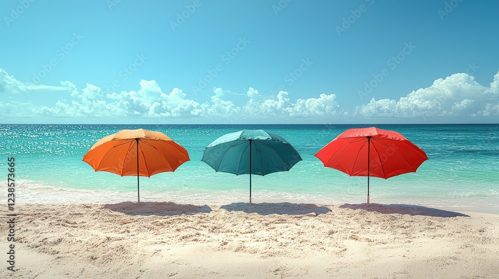Three Colorful Umbrellas on a Sandy Beach Three Colorful Umbrellas on a Sandy Beach