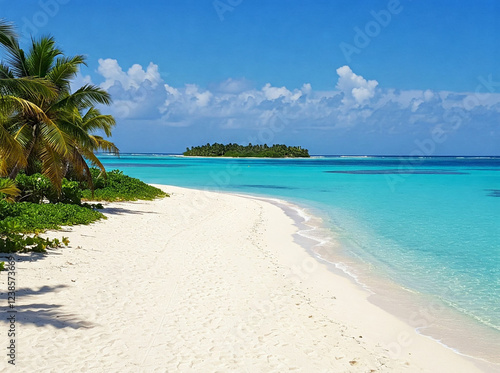 Landscape of a caribbean beach with stunning turquoise waters, lush greenery and blue sky. Concept of summer holiday and enjoyment.