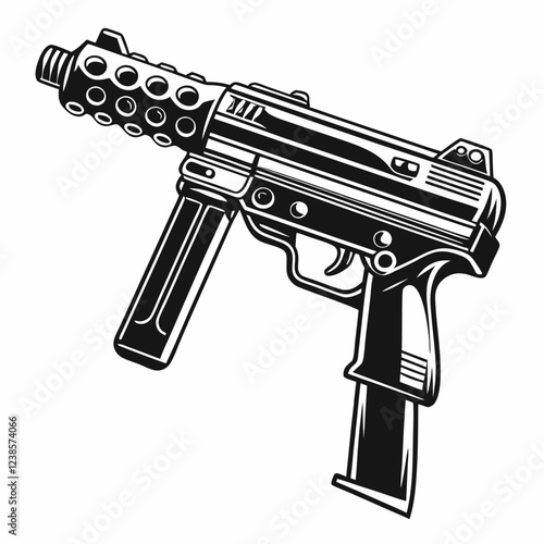 Detailed Submachine Gun with Barrel and Magazine, Sleek Modern Design