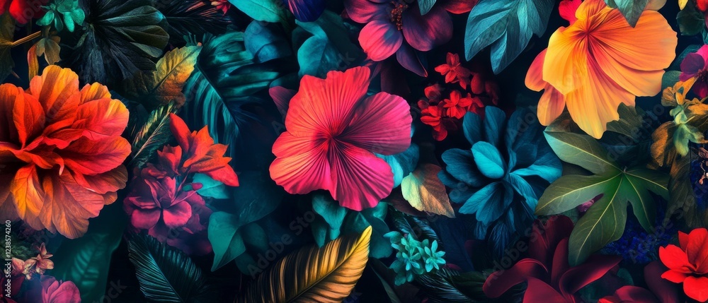 Vibrant Tropical Flowers And Lush Foliage Create A Stunning, Colorful Display. Vibrant Tropical Flowers And Lush Foliage Create A Stunning, Colorful Display.