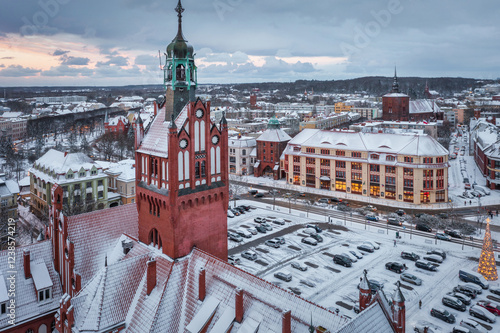 Winter scenery of the city of Slupsk at dusk, Poland. photo