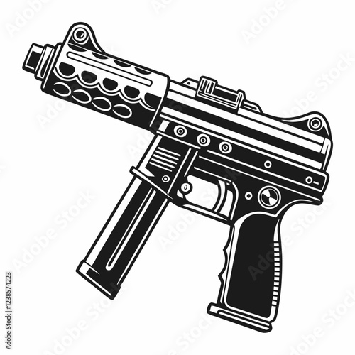 Detailed Submachine Gun with Barrel and Magazine, Sleek Modern Design