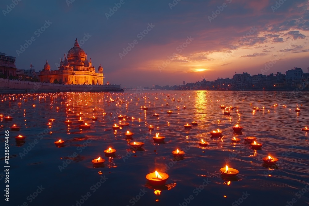 Obraz premium Sunset river candles temple India festival