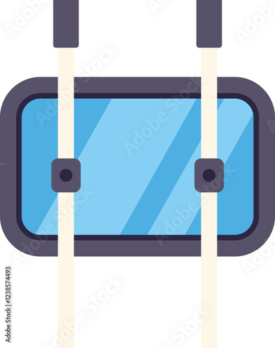 Rectangular cable car window with safety glass and two white suspension cables, offering a clear view of the blue sky