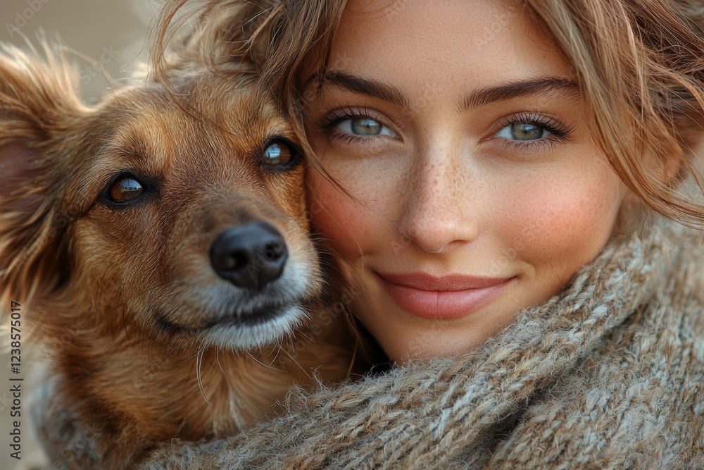 In a natural setting, a happy woman snuggles with her dog in an outdoor garden, strengthening their bond. She carries a smiling, affectionate puppy she is considering adopting from a rescue center in In a natural setting, a happy woman snuggles with her dog in an outdoor garden, strengthening their bond. She carries a smiling, affectionate puppy she is considering adopting from a rescue center in