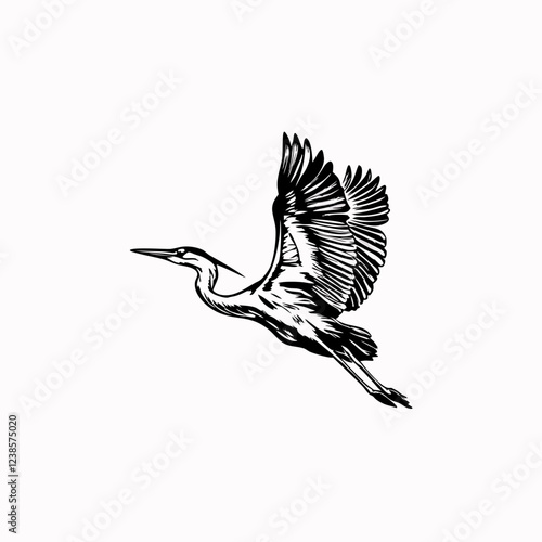 Elegant Crane in Flight with Detailed Feathers and Graceful Wingspan