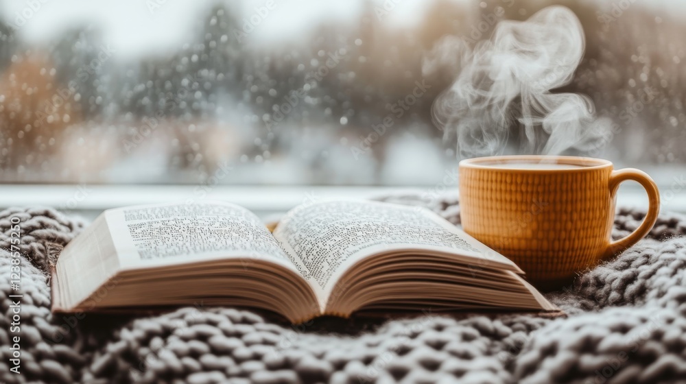 Cozy reading by the window with a cup of hot coffee on a rainy day Cozy reading by the window with a cup of hot coffee on a rainy day