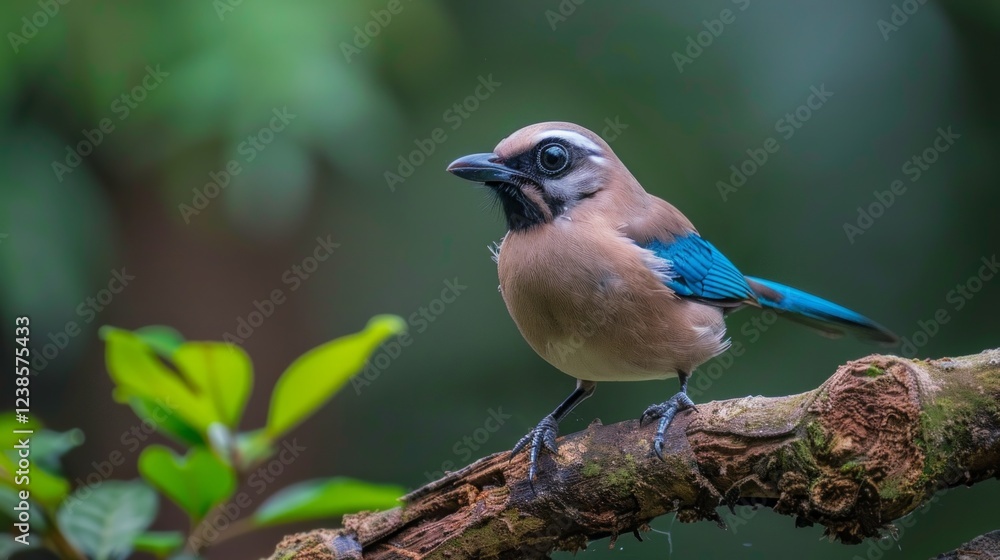 A brightly coloured jay with blue feathers sitting on a tree branch against a background of green foliage. Suitable for nature blogs, environmental sites and educational materials about birds.