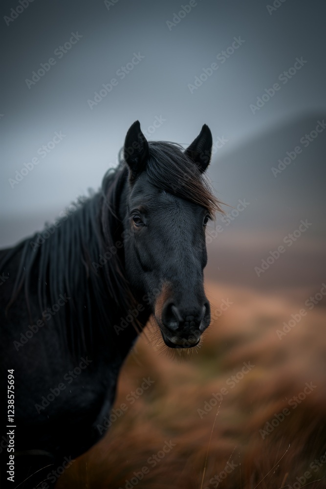 Obraz premium Icelandic Horse in Motion: A small but sturdy Icelandic horse, with its long mane flowing. The background features rugged volcanic terrain with moss-covered rocks and a dramatic cloudy sky. 