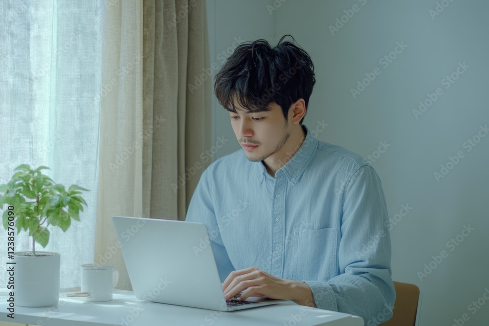 Young Asian man working from home, focused on his laptop. Young Asian man working from home, focused on his laptop.
