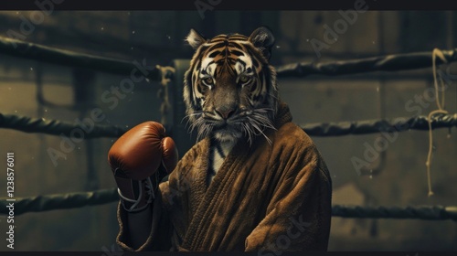 Photo of a tiger in boxing gloves for creative designs, sporting event adverts or themed posters. photo