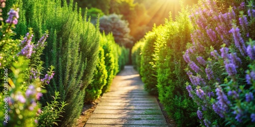 Wallpaper Mural Sunlit Garden Path with Lush Greenery and Purple Flowers Torontodigital.ca
