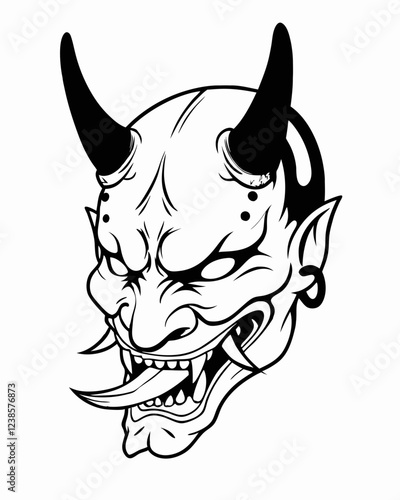 Sinister Demon Face with Horns, Sharp Teeth, and Aggressive Expression