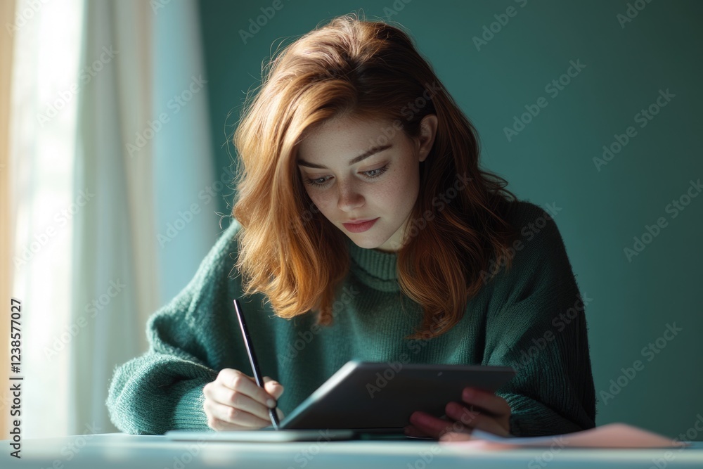 Young redhead woman concentrating on her work, using a tablet and stylus. Young redhead woman concentrating on her work, using a tablet and stylus.