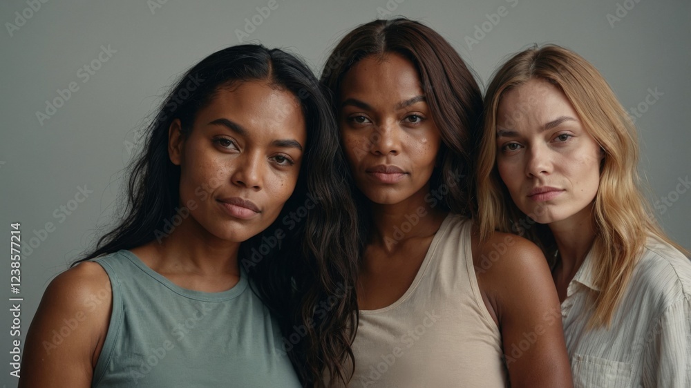 Three women standing together with natural expressions in a neutral background showcasing diversity and beauty Three women standing together with natural expressions in a neutral background showcasing diversity and beauty