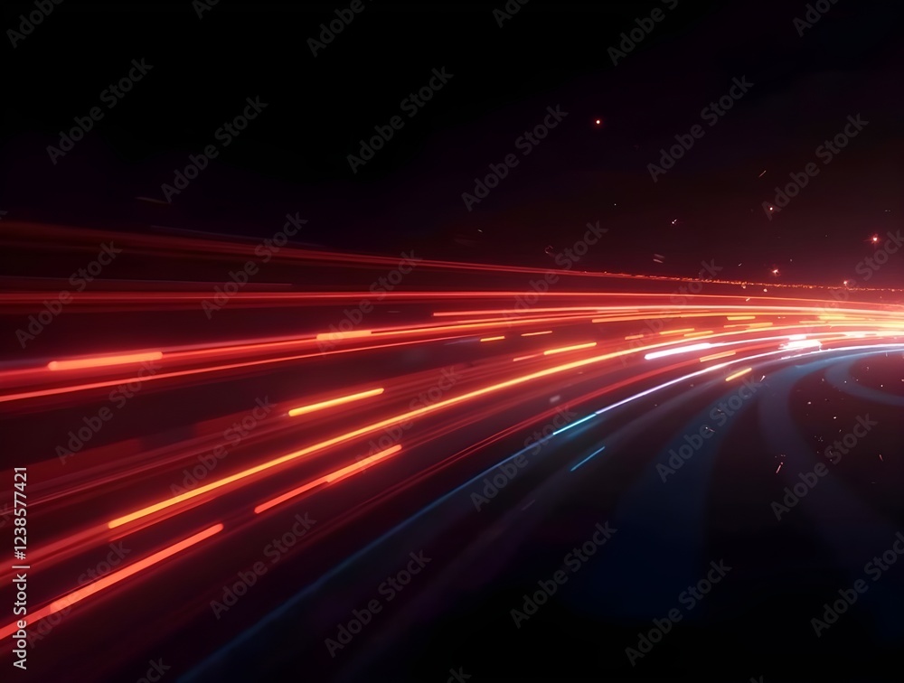 Obraz premium Red speed light horizontal straight line on black background. Realistic vector illustration of abstract neon or laser glow motion effect. Long dynamic flare beam and ray with sparkle in movement.