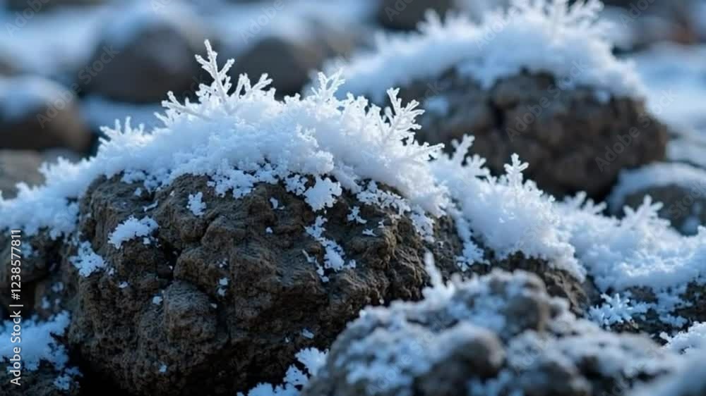 Delicate snowflakes gently fall onto rugged rocks, their intricate details highlighted as a soft white layer accumulates. Delicate snowflakes gently fall onto rugged rocks, their intricate details highlighted as a soft white layer accumulates.