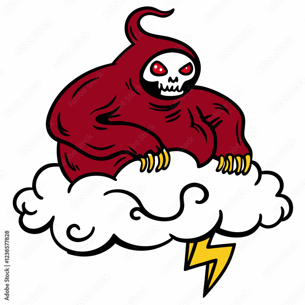 Fototapeta premium Creepy Cloud Creature with Skull Face, Hooded Cloak, and Lightning Bolt