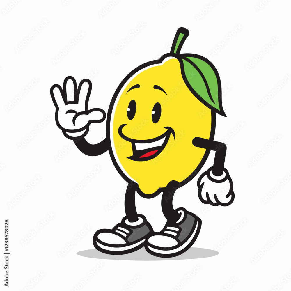 Cartoon Lemon Character with a Happy Expression, Waving and Wearing Sneakers