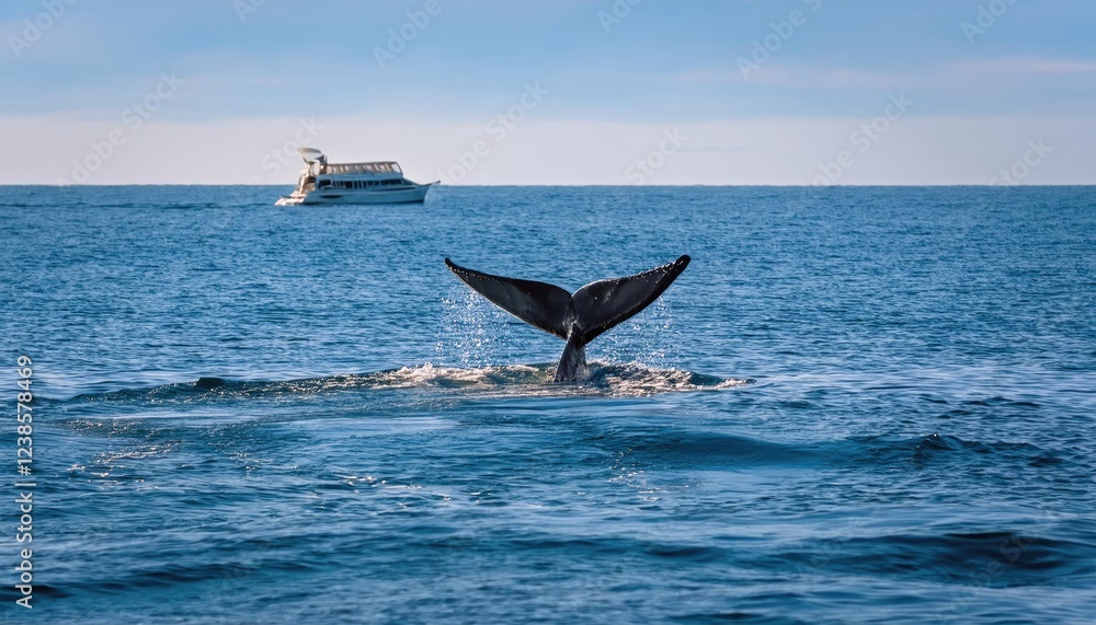 Naklejka premium Whale tail breaches the ocean surface near a whale watching boat in sunny marine waters during a vibrant summer day