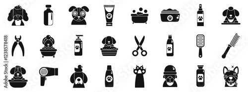 Spa procedures pets icons set. Grooming essentials for canine hygiene, showcasing various tools and products for maintaining a dog's cleanliness and well being