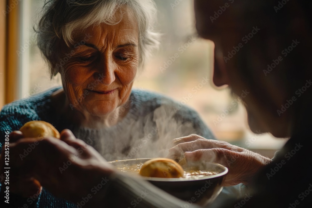 Elderly couple sharing a warm, steaming bowl of soup and bread, enjoying a cozy moment together. Elderly couple sharing a warm, steaming bowl of soup and bread, enjoying a cozy moment together.
