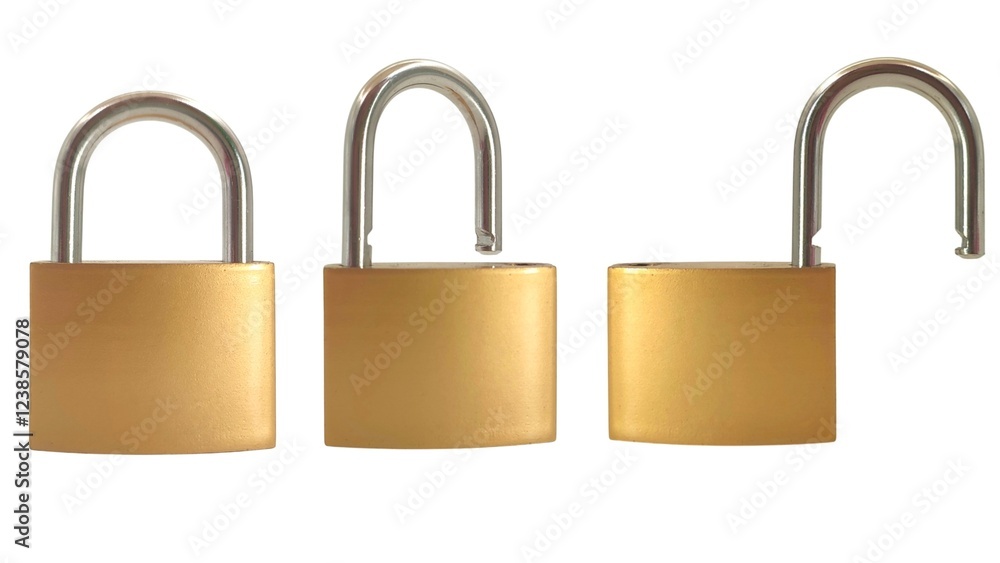 Photo of three heavy-duty 38mm iron brass padlocks, isolated on white background. Photo of three heavy-duty 38mm iron brass padlocks, isolated on white background.