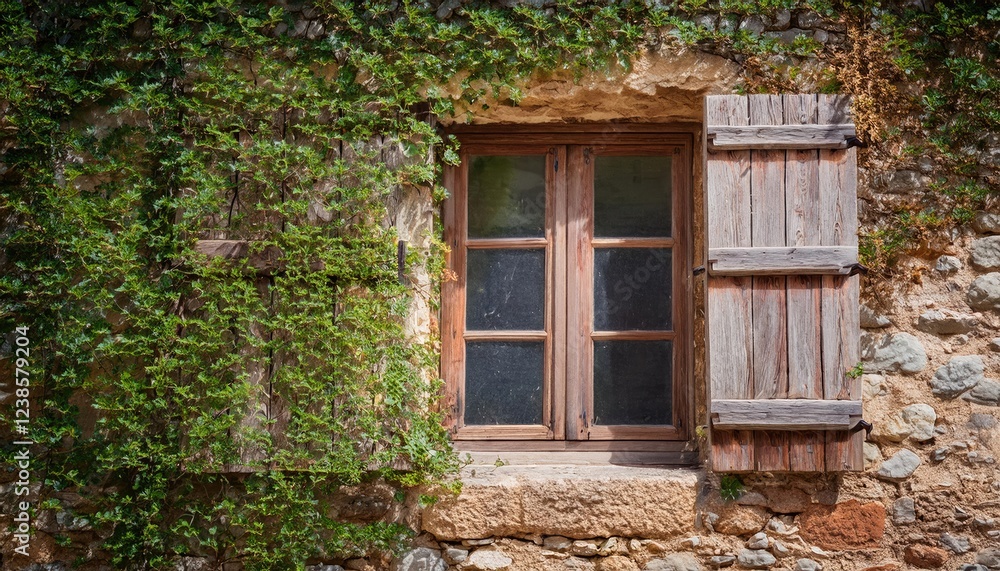 Rustic window with wooden shutters and a weathered stone wall adorned with climbing plants in a quaint village setting Rustic window with wooden shutters and a weathered stone wall adorned with climbing plants in a quaint village setting