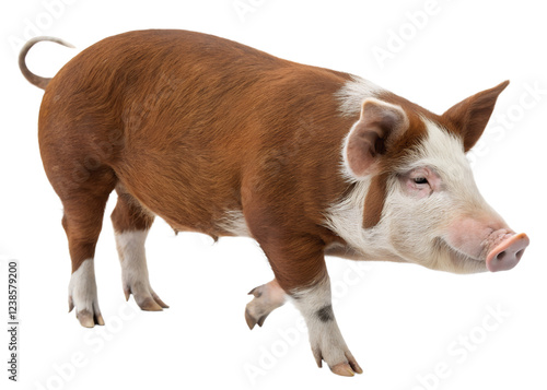 
Hereford American pig, a breed of domestic pig, with a red color and white spots, on a transparent background