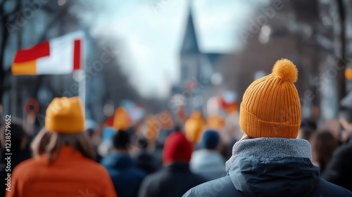 A joyous scene of the King's Day parade in the Netherlands, with people dressed in orange photo