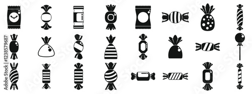 Candy wrappers icons set. Black candy icons represent a variety of sweet treats, wrapped and ready for enjoyment