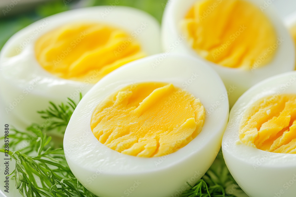 Halves of boiled eggs, closeup, healthy food, background