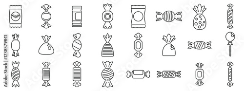 Candy wrappers icons set. Line art icons representing various types of candy, caramel, and chocolate, ideal for projects related to confectionery, sweet treats, or halloween