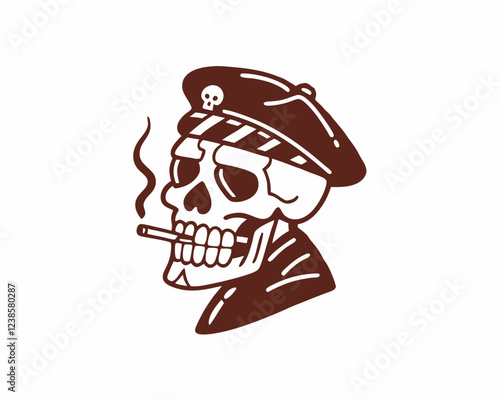 Skull with Military Hat and Cigarette, Featuring a Tough and Rebellious Look