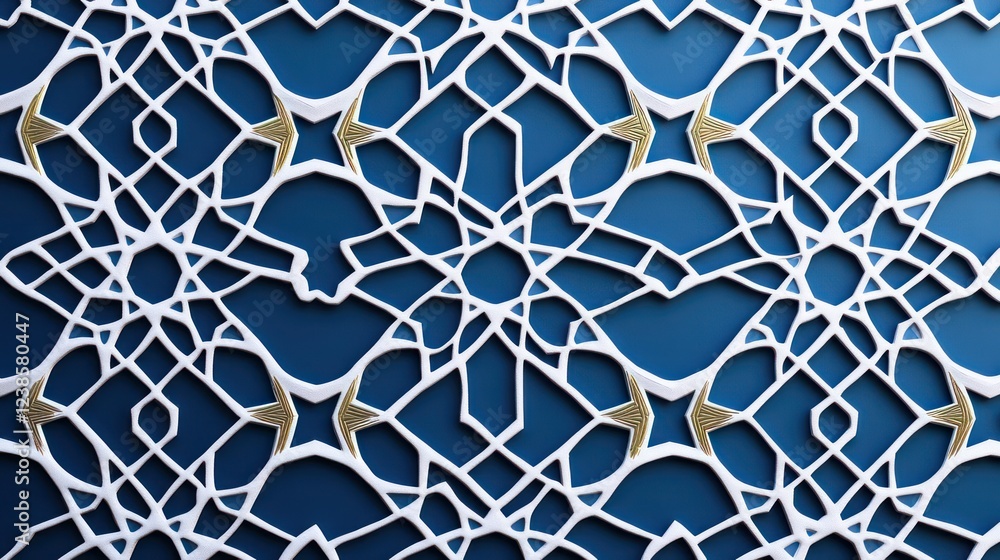 Naklejka premium A traditional Islamic geometric pattern in white and gold over a deep blue gradient background