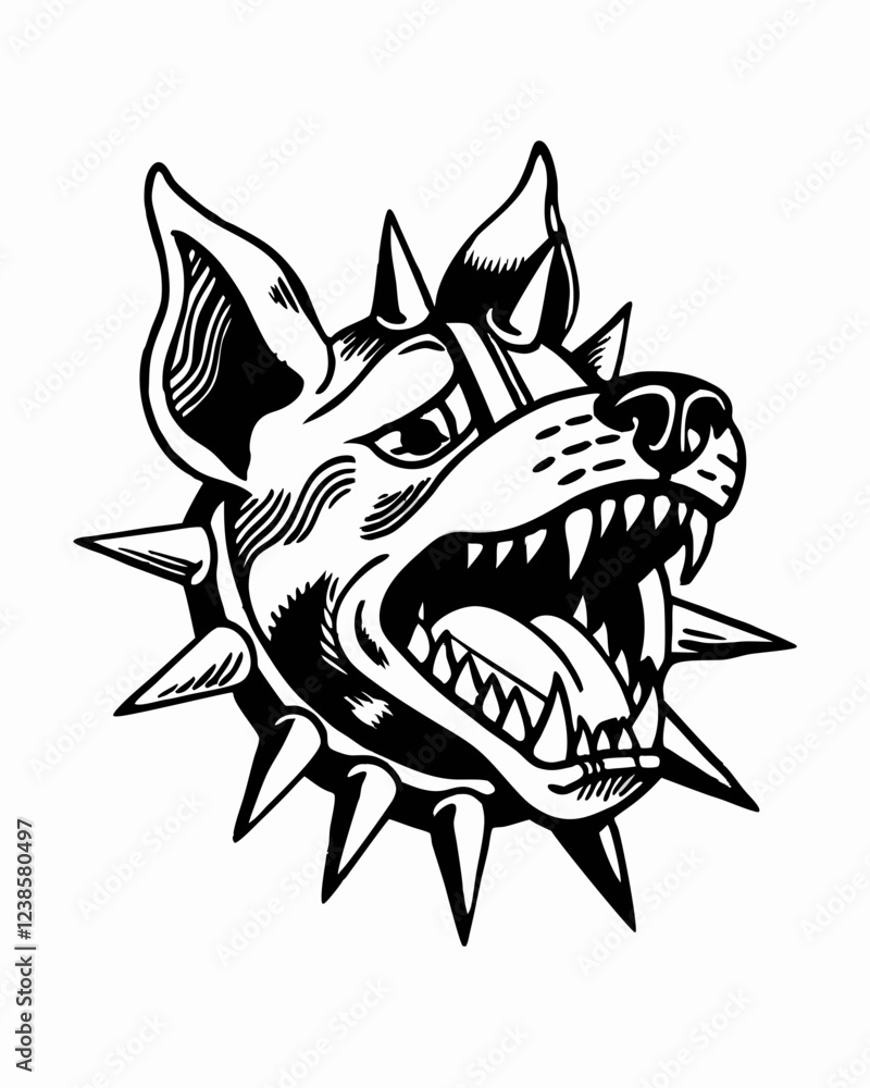 Obraz premium Aggressive Dog with Spiked Collar and Fierce Expression, Ready to Attack