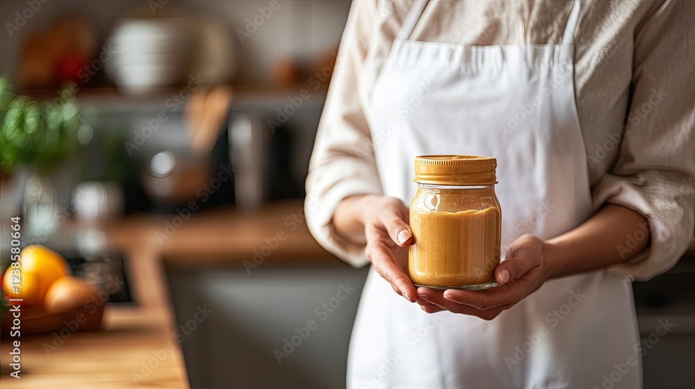 Nutritionist Analyzing Peanut Butter Label in Kitchen Setting, Focused on Health and Wellness, Blurred Background, Dietary Insights, Food Expertise, Nutritional Advice Nutritionist Analyzing Peanut Butter Label in Kitchen Setting, Focused on Health and Wellness, Blurred Background, Dietary Insights, Food Expertise, Nutritional Advice