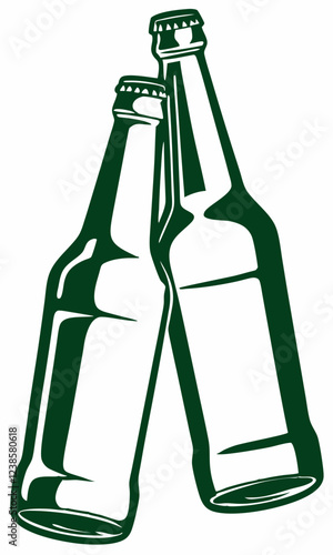 Two Green Beer Bottles Clinking Together in Celebration or Cheers