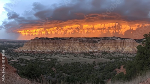 Fiery sunset illuminates dramatic cloudscape over a vast desert landscape. Yellowish tan mesas and scrub brush fill the foreground, contrasted by the photo