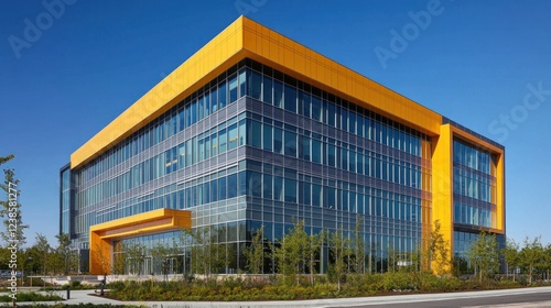 Modern yellow office building sunny day  landscaping