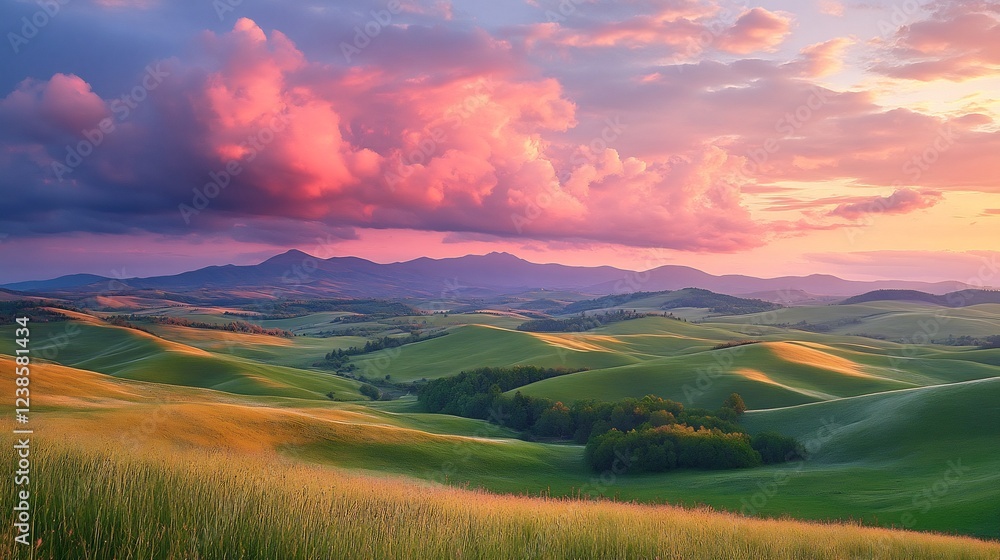 Serene Sunset Paints Rolling Hills Vibrant Hues. AI Generated Serene Sunset Paints Rolling Hills Vibrant Hues. AI Generated