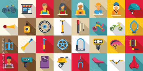 Bicycle store icons set. Colorful icons representing various aspects of bicycle shops, repairs, mechanics, parts, accessories, and cycling activities