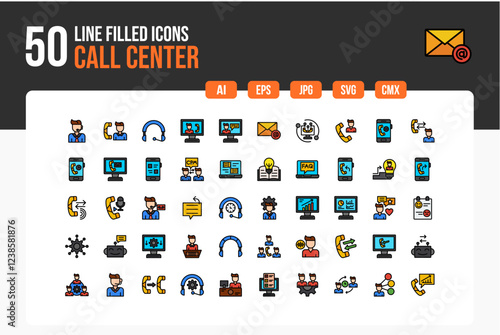  Set of 50 Call Center Icons. Line Filled Icon Collection