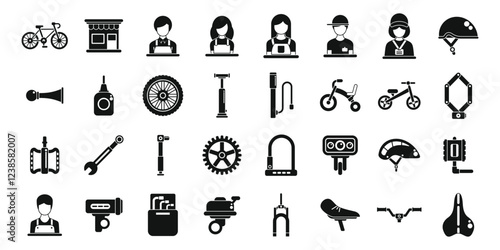 Bicycle store icons set. Bike shop icons depict mechanics repairing bicycles, selling parts, and offering services for cyclists