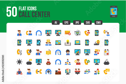  Set of 50 Call Center Icons. Flat Icon Collection